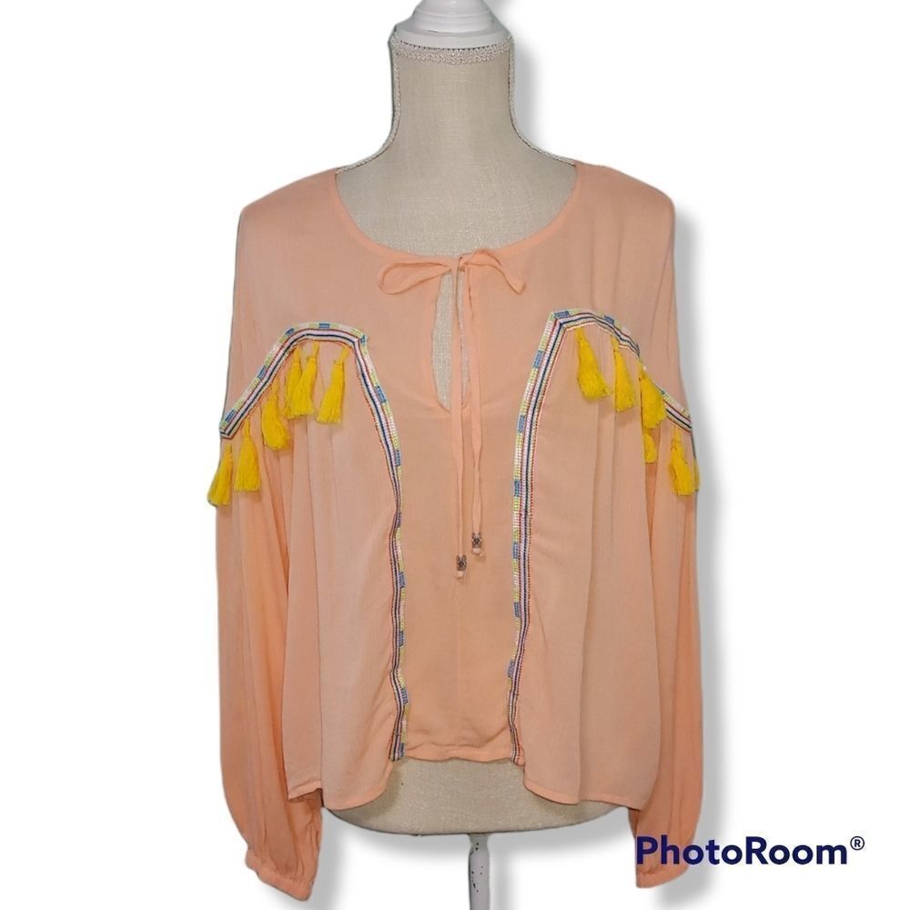 Gianni Bini medium orange long sleeve tassels boho peasant flowy top - Picture 4 of 7